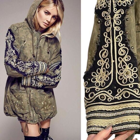 Free People Jackets & Blazers - FREE PEOPLE Golden Quills Military Parka Jacket Coat Green Rhinestones M RARE